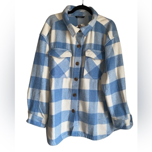 NWT Women’s Baby Blue Plaid Cozy Wool Blend Fall Shacket Size XXL Members Mark - Picture 4 of 11